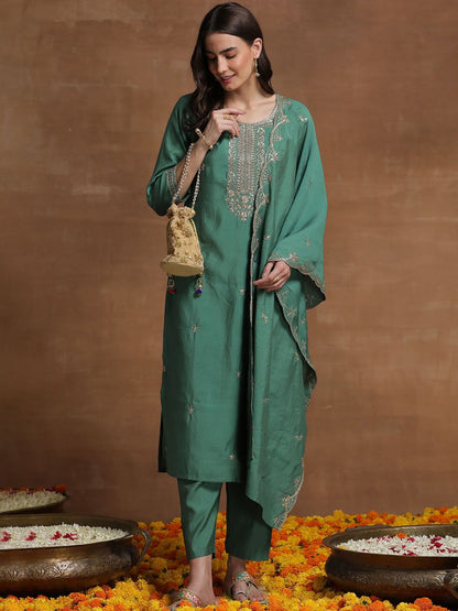 Indyancart IE Green Ethnic Motif Embroidered Straight Kurta & Trousers With Dupatta