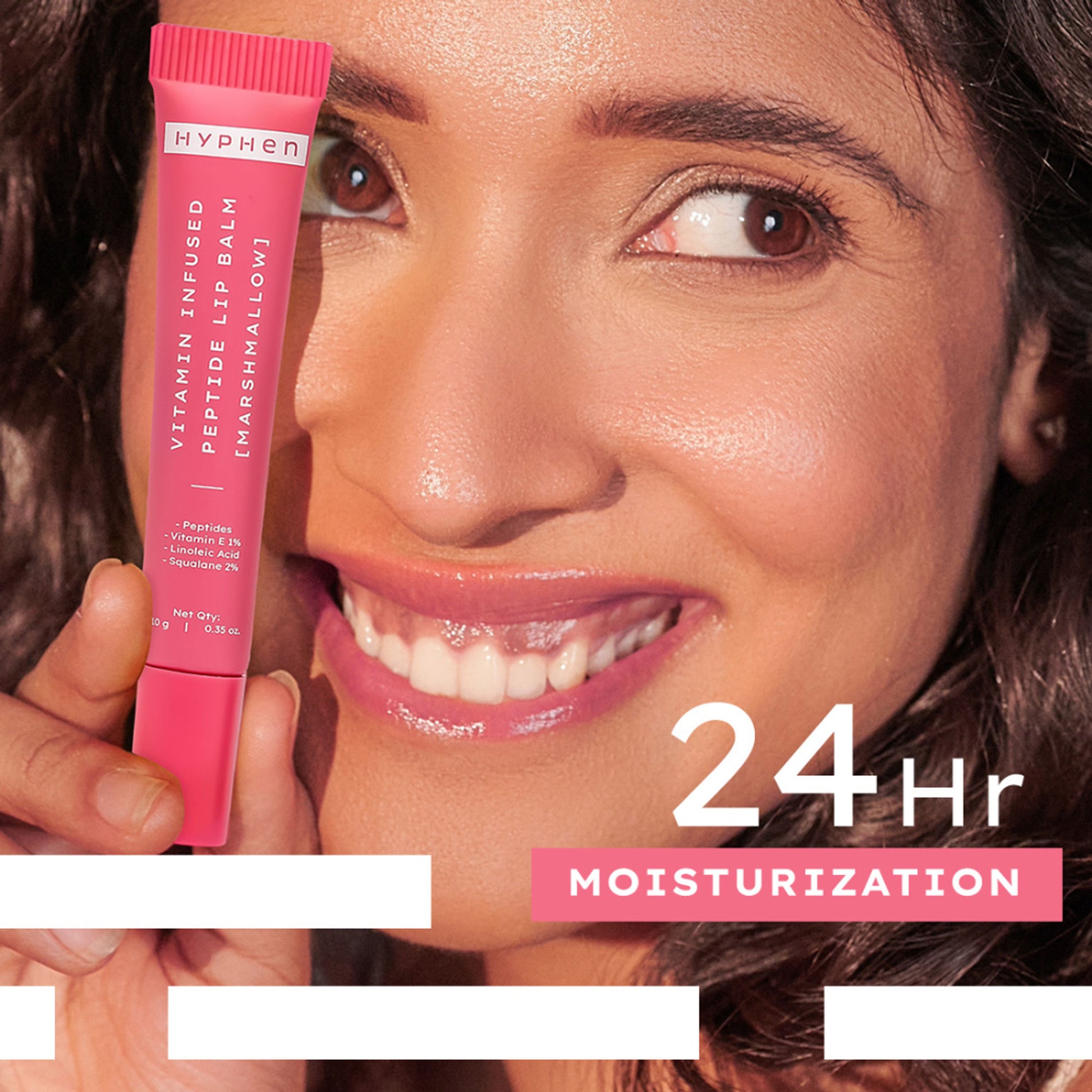 Hyphen Tinted Lip Balm - Marshmallow, 1% Vit E, 2% Squalane & Peptides, Brightens & Moisturizes