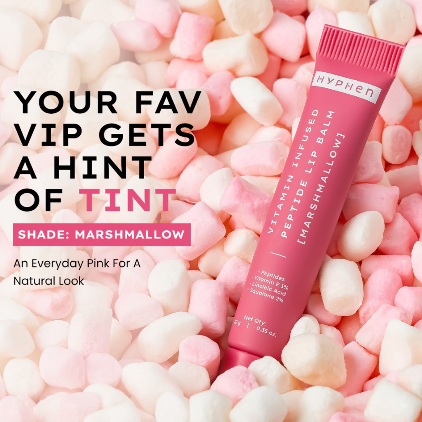 Hyphen Tinted Lip Balm - Marshmallow, 1% Vit E, 2% Squalane & Peptides, Brightens & Moisturizes