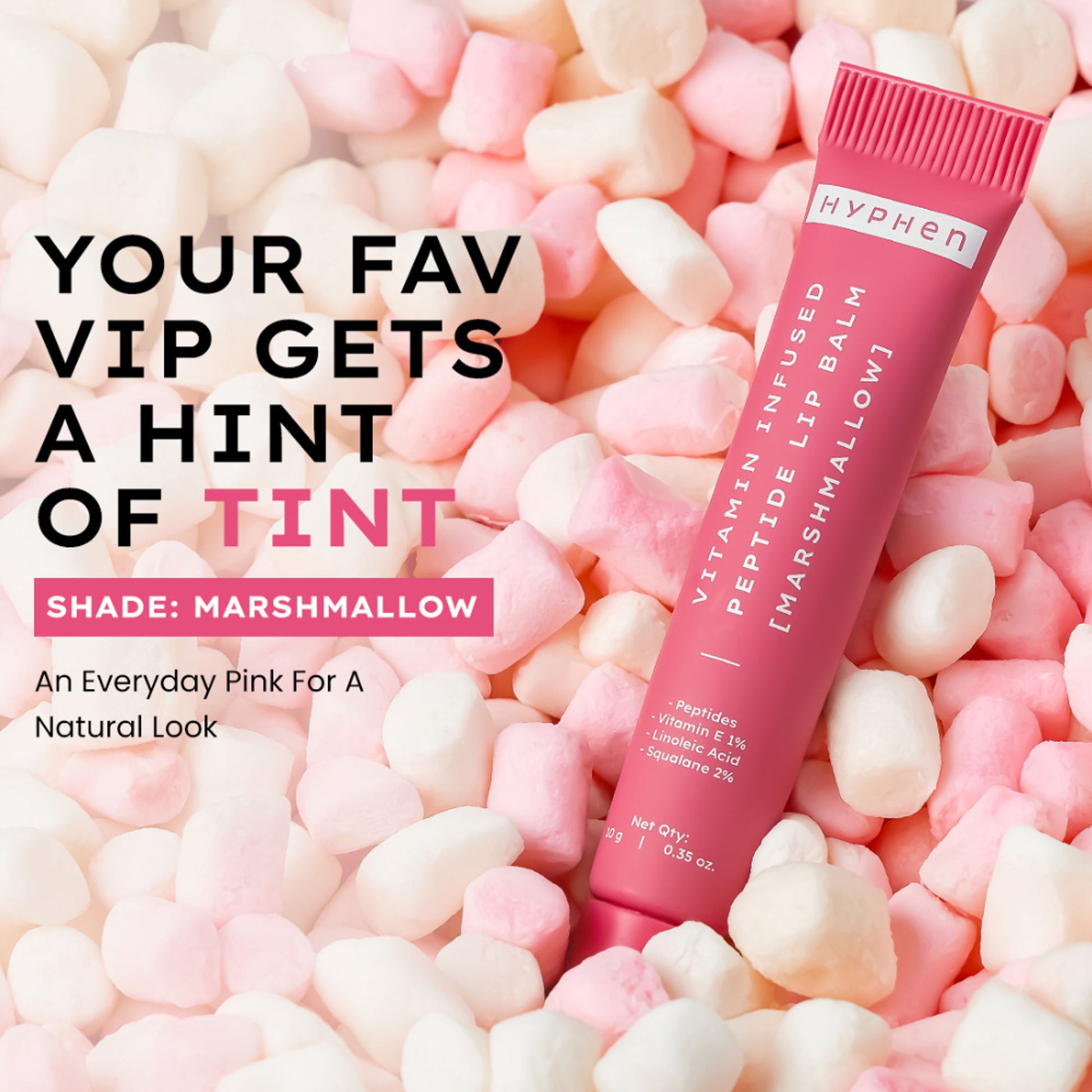 Hyphen Tinted Lip Balm - Marshmallow, 1% Vit E, 2% Squalane & Peptides, Brightens & Moisturizes