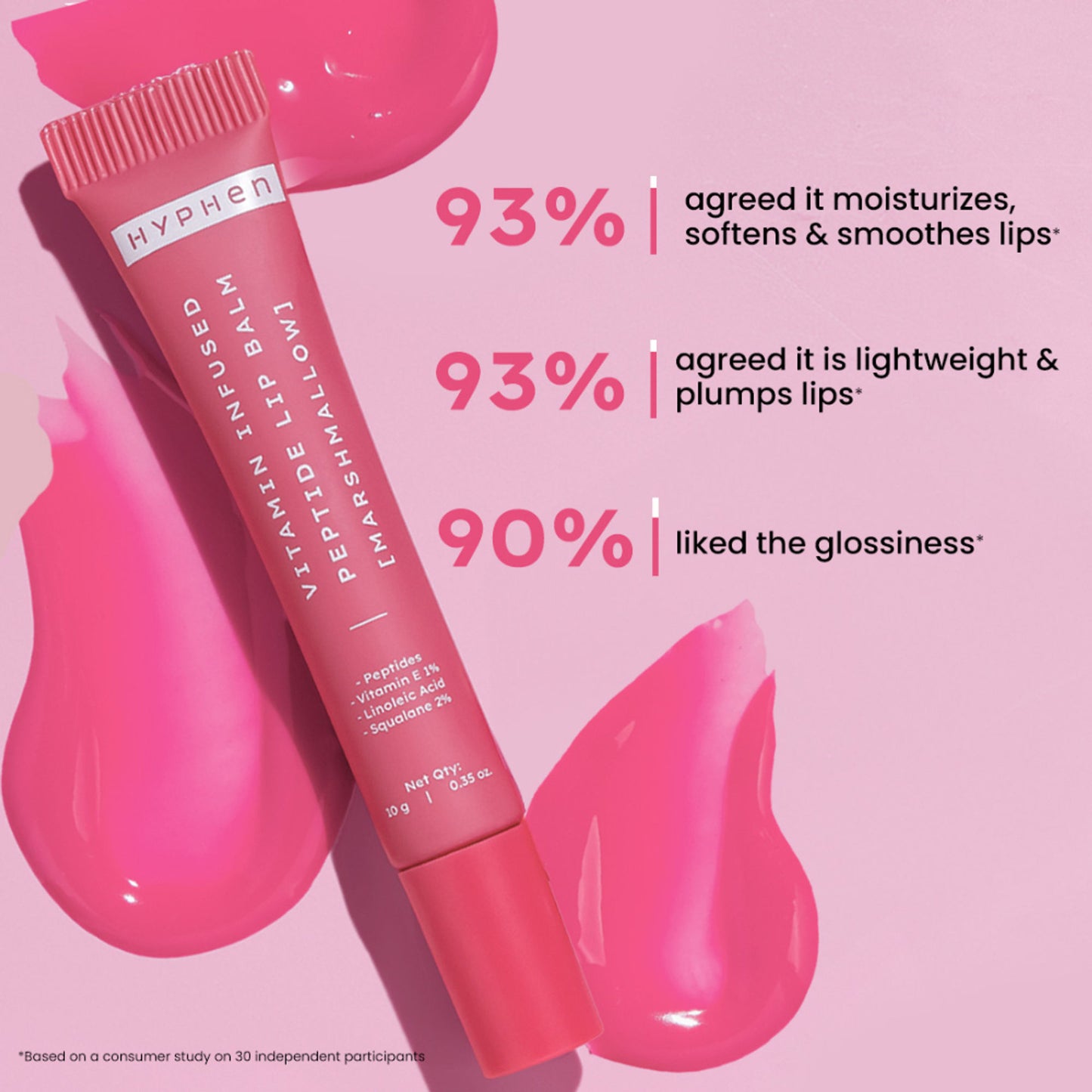 Hyphen Tinted Lip Balm - Marshmallow, 1% Vit E, 2% Squalane & Peptides, Brightens & Moisturizes