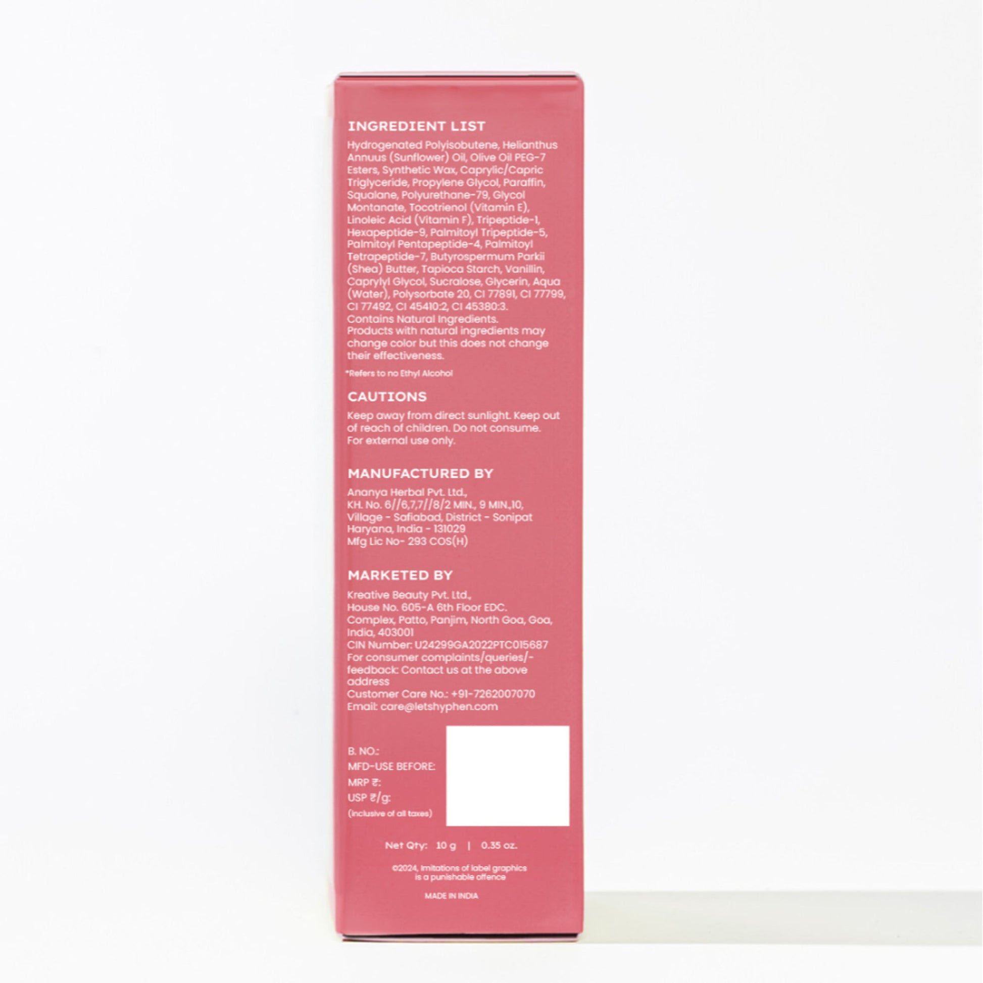 Hyphen Tinted Lip Balm - Marshmallow, 1% Vit E, 2% Squalane & Peptides, Brightens & Moisturizes