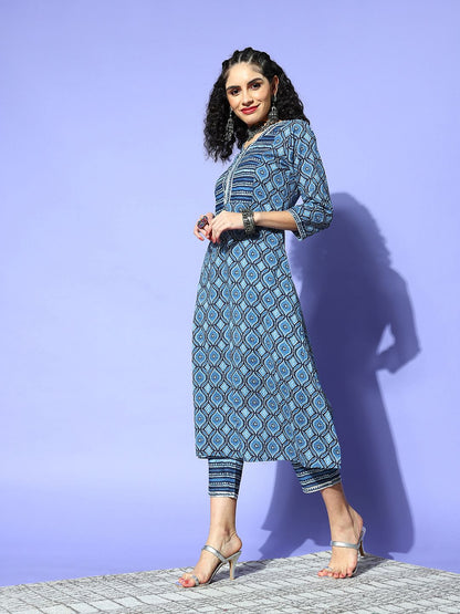 Women Blue Cotton Blend i Suit Kurta Set