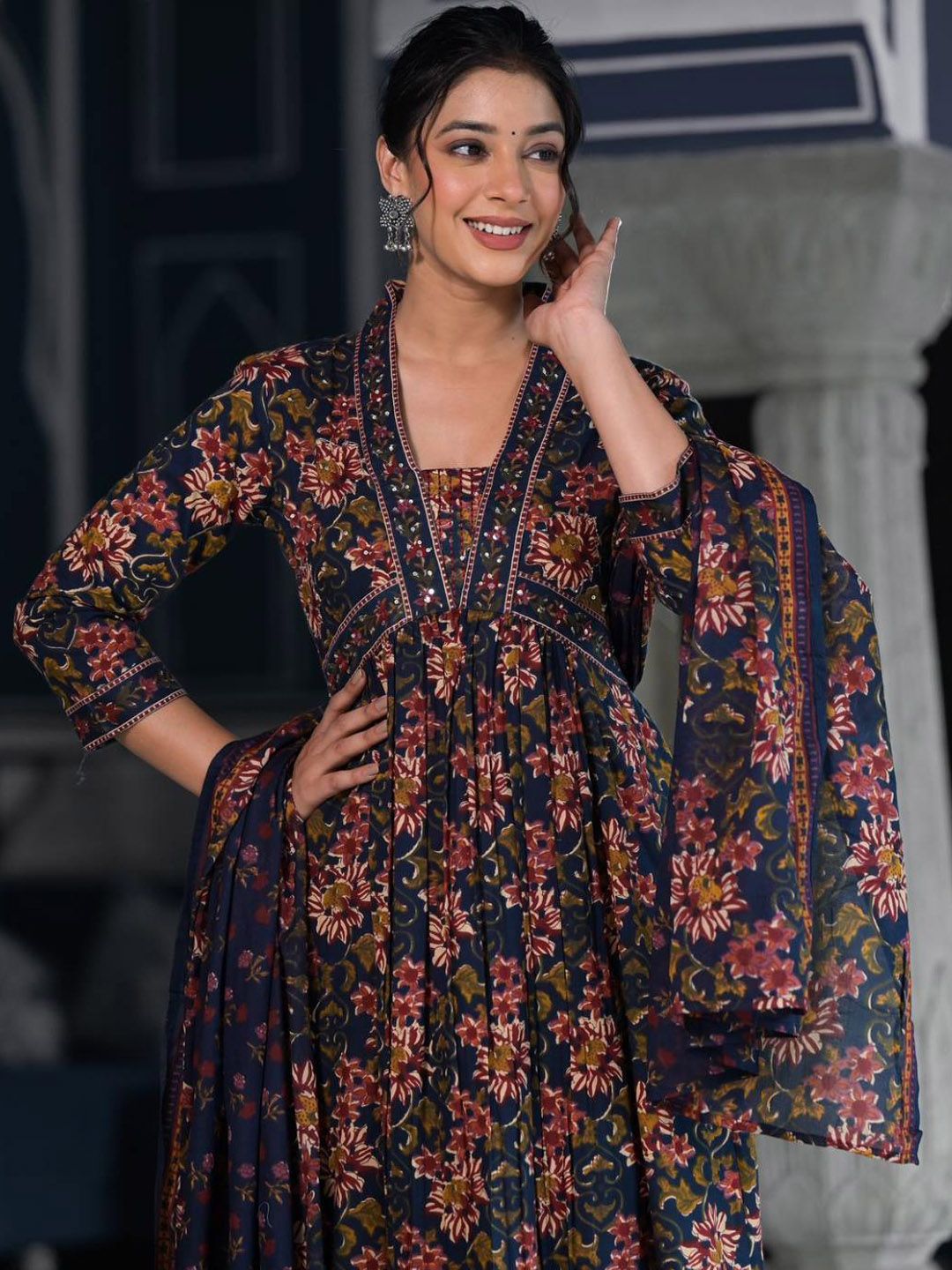 Indyancart VA Women'sFloral Printed & Sequinned Pure Cotton Anarkali Kurta With Trouser & Dupatta