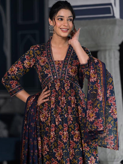 Indyancart VA Women'sFloral Printed & Sequinned Pure Cotton Anarkali Kurta With Trouser & Dupatta