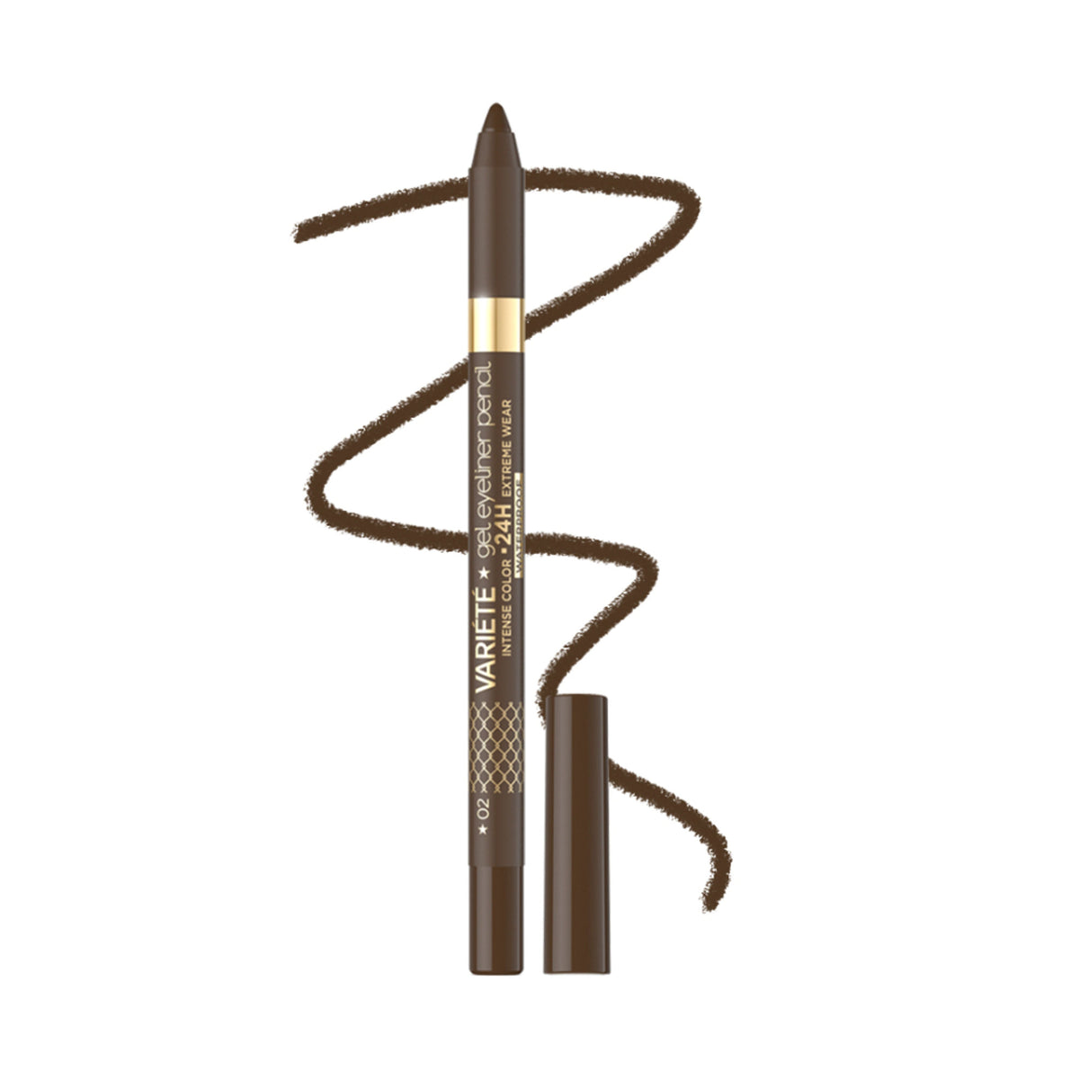 Eveline Cosmetics Variete Gel Eyeliner Pencil in 02 Brown, close-up view of the brown gel eyeliner pencil with a sharpened tip.