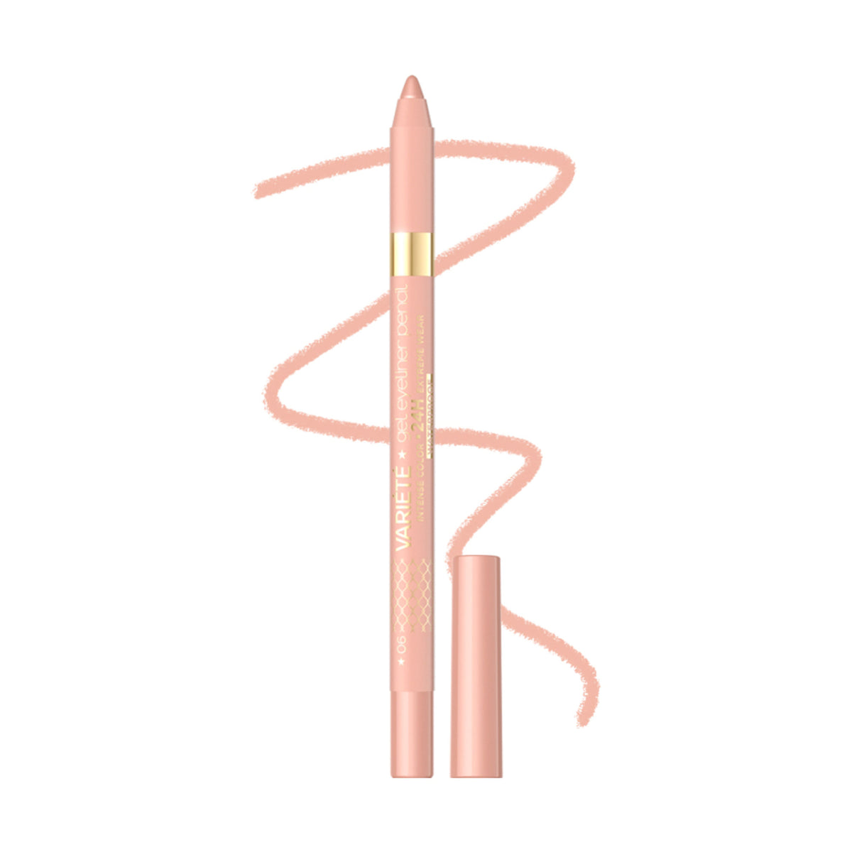 Eveline Cosmetics Variete Gel Eyeliner Pencil in shade 06 Champagne, close-up of the pencil tip and packaging.