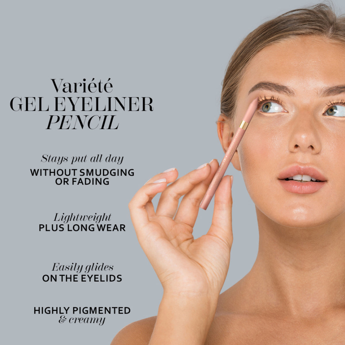 Eveline Cosmetics Variete Gel Eyeliner Pencil in shade 06 Champagne, featuring a soft gel formula and a sleek gold pencil design.