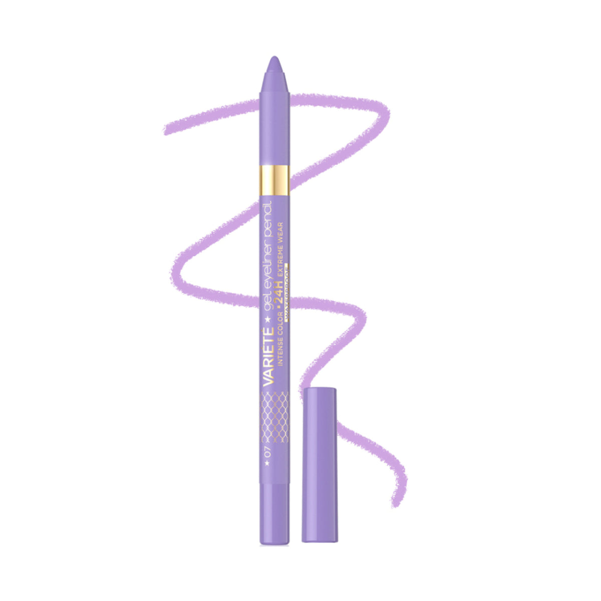 Eveline Cosmetics Variete Gel Eyeliner Pencil in Lavender, showing the purple pencil tip and packaging.