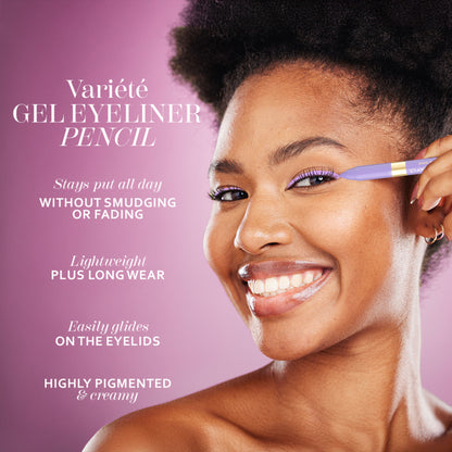 Eveline Cosmetics Variete Gel Eyeliner Pencil in lavender, featuring a smooth gel formula and a sleek purple pencil design.