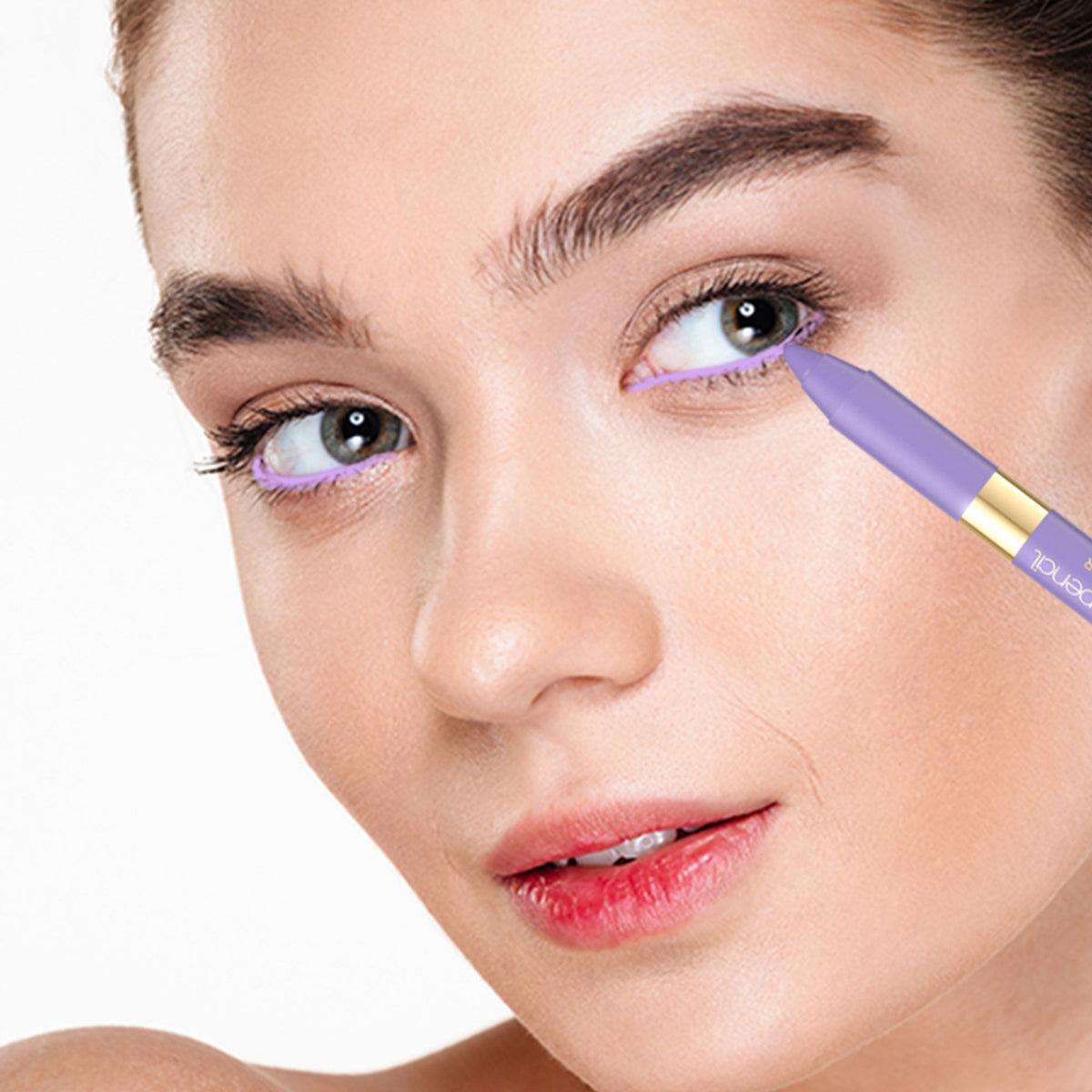 Eveline Cosmetics Variete Gel Eyeliner Pencil in lavender color, shown with the pencil tip and packaging on a white background.