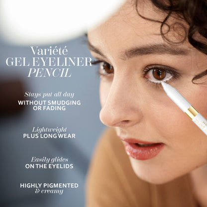 Eveline Cosmetics Variete Gel Eyeliner Pencil in white, with a close-up of the pencil tip and packaging showing the product design.