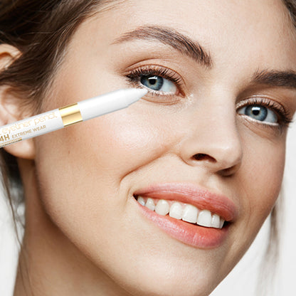 Eveline Cosmetics Variete Gel Eyeliner Pencil in 08 White, showcasing the white gel eyeliner pencil with a sharp tip and packaging.