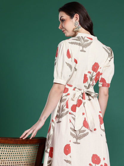 Indyancart IE Floral Printed Puff Sleeves Pure Cotton Kurta
