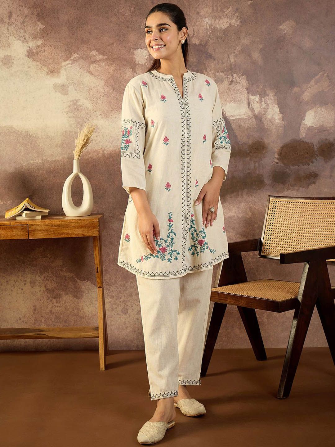 Dhiyona IE Embroidered Pure Cotton Mandarin Collar Neck Top With Trousers A-Line Co-Ords