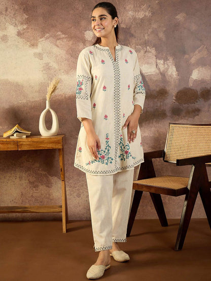 Dhiyona IE Embroidered Pure Cotton Mandarin Collar Neck Top With Trousers A-Line Co-Ords