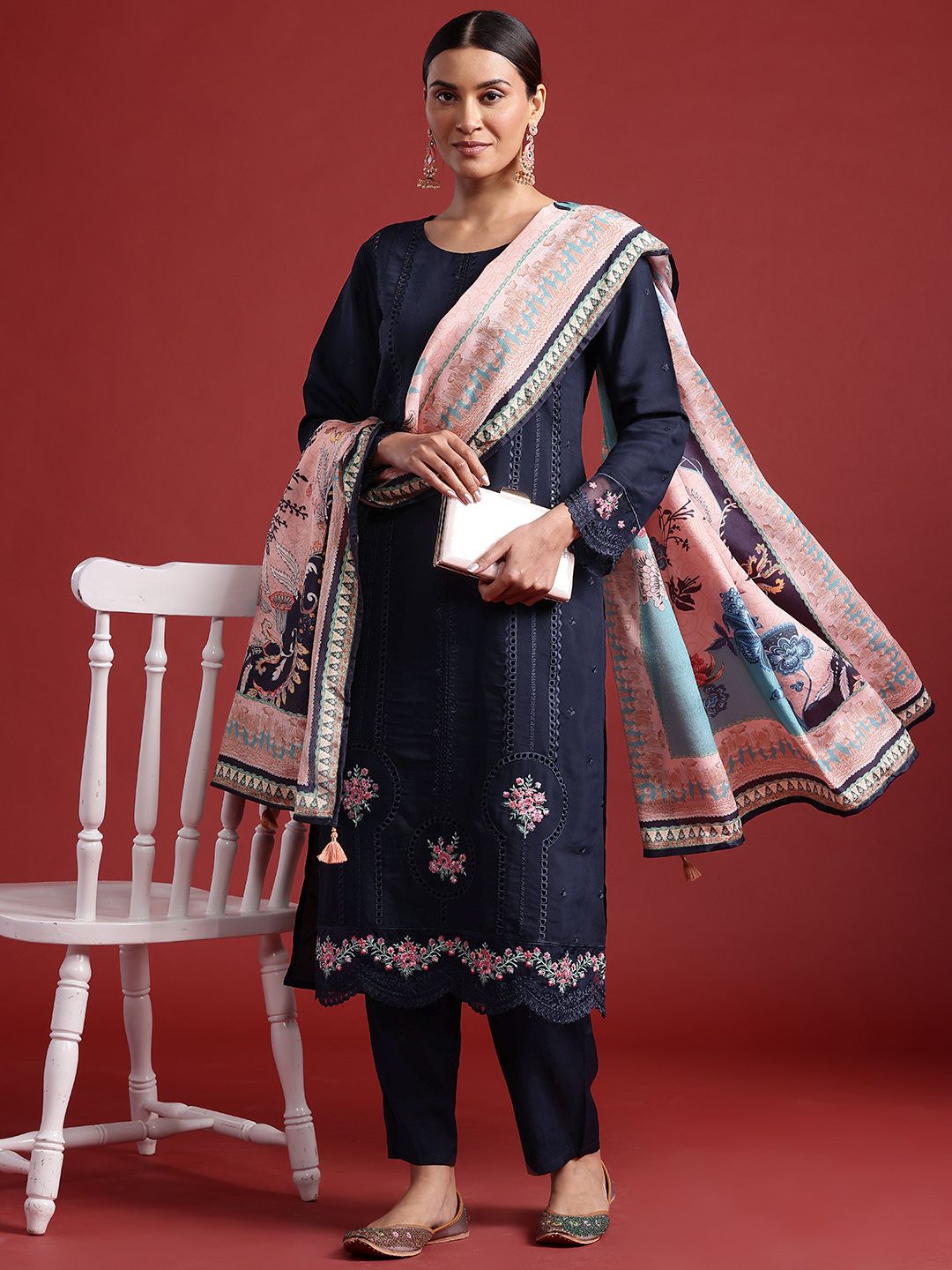 Floral Embroidered Thread Work Kurta With Trousers & Dupatta