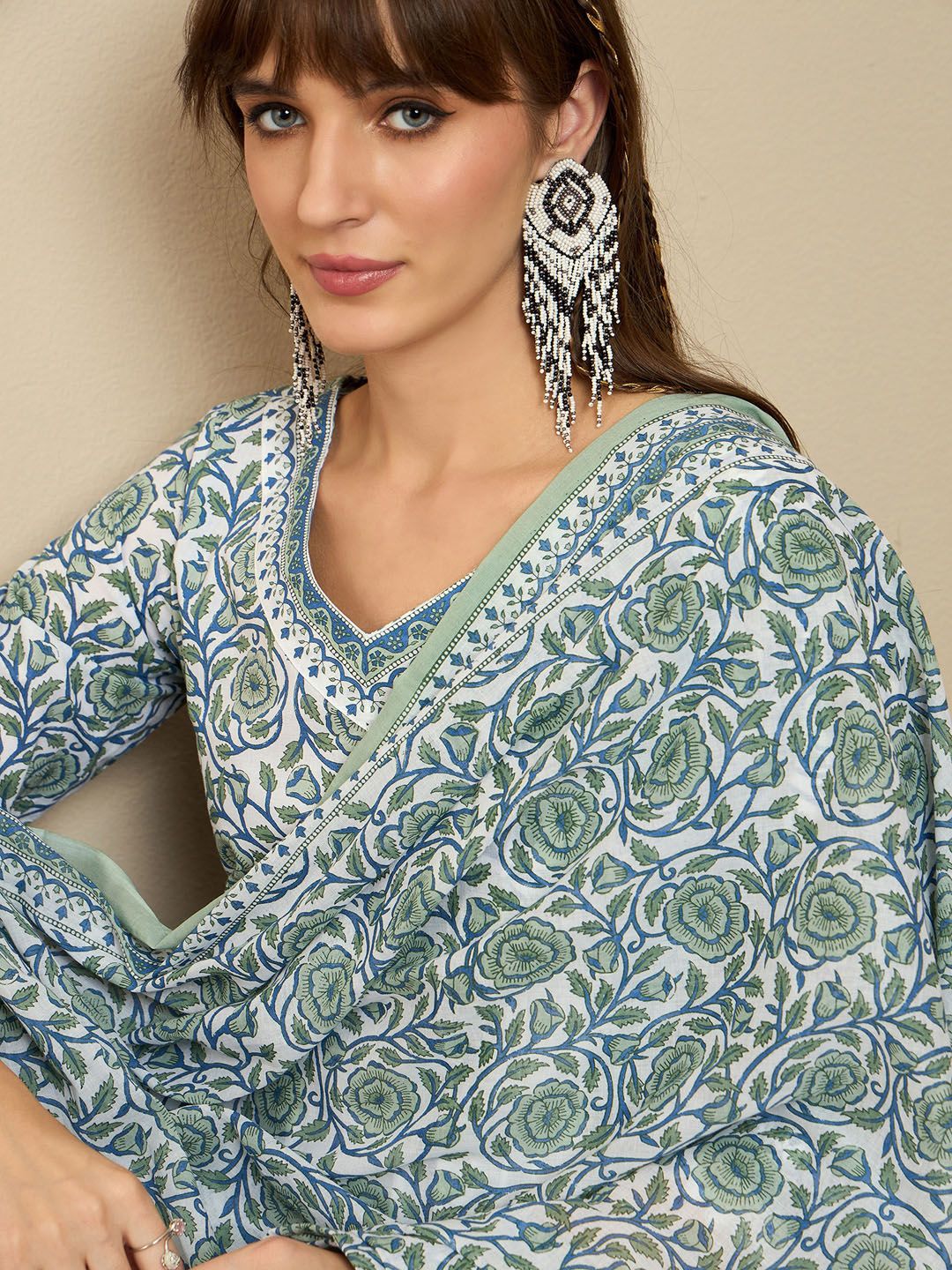Indyancart IE Floral Printed Empire A-Line Pure Cotton Kurta with Palazzos & Dupatta