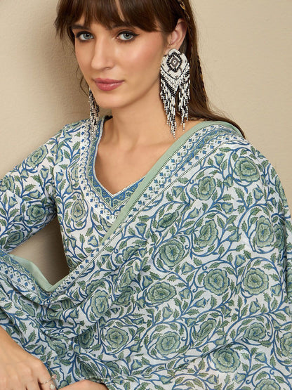 Indyancart IE Floral Printed Empire A-Line Pure Cotton Kurta with Palazzos & Dupatta