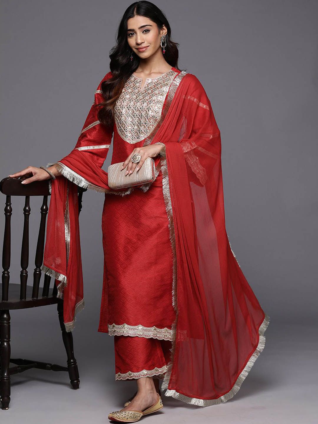 Indyancart VA Women'sRegular Sequinned Straight Kurta with Trousers & With Dupatta
