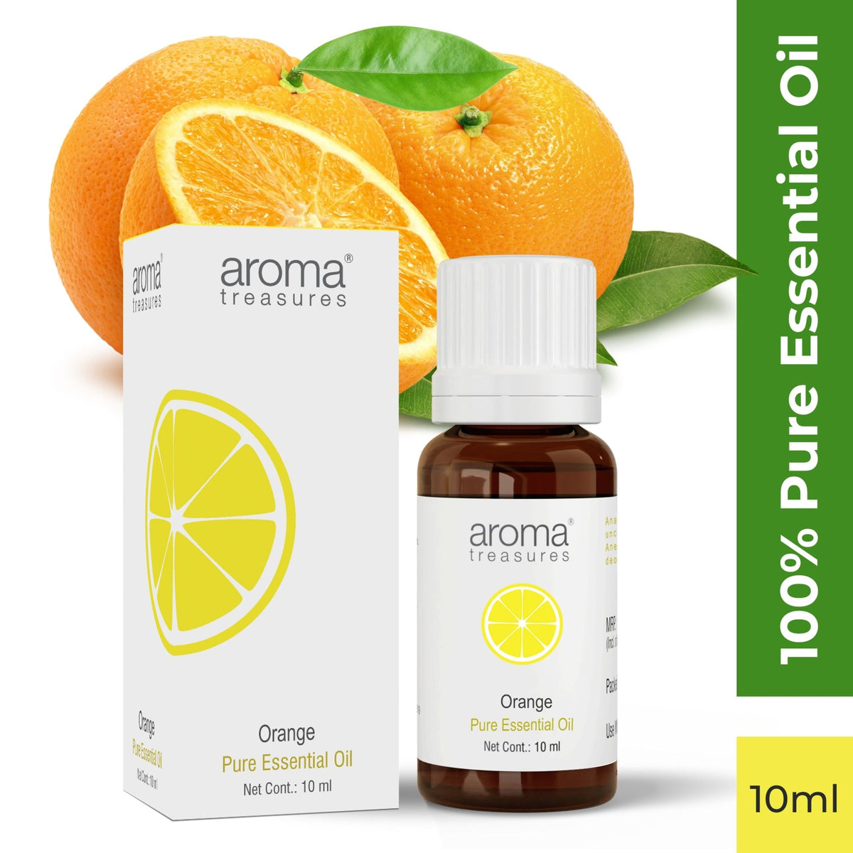 Aroma Treasures Orange Essential Oil bottle with orange slices and natural background, showcasing the aromatic product.