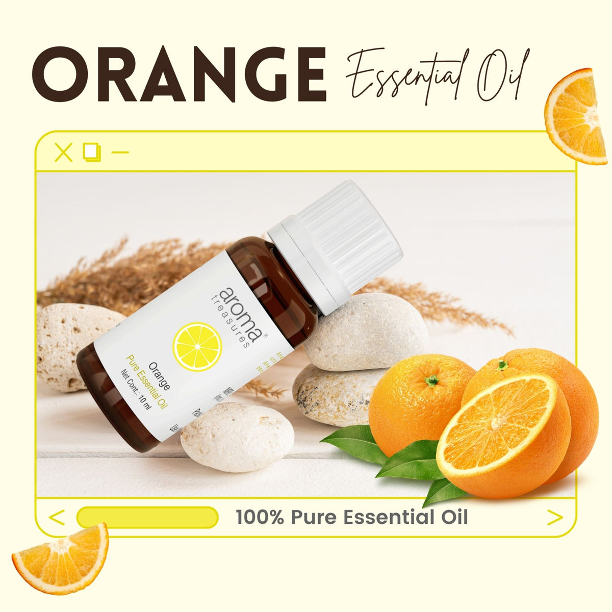 Aroma Treasures Orange Essential Oil bottle with orange slices and floral accents, showcasing the product's natural citrus fragrance.