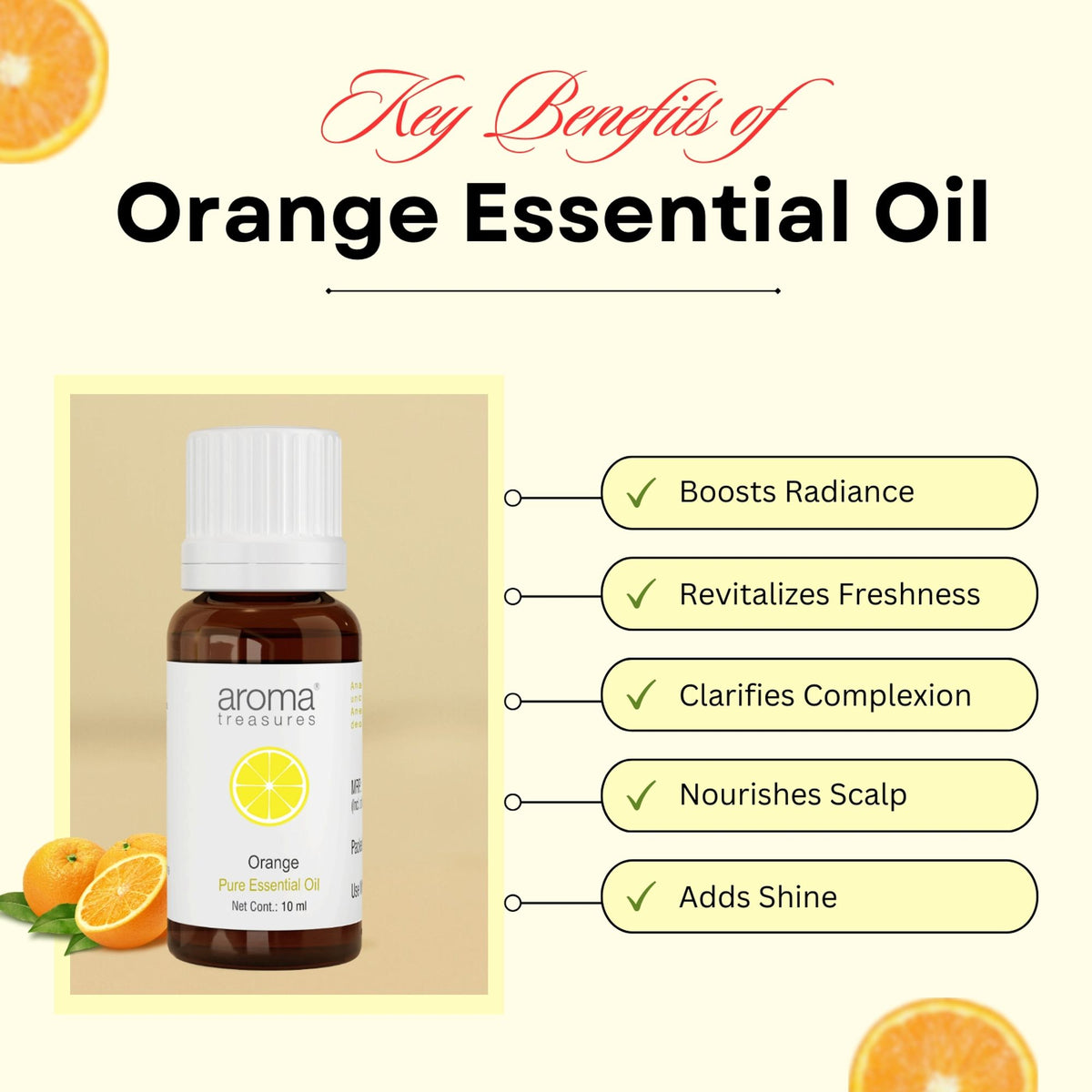 Aromatherapy image showing a bottle of Aroma Treasures Orange Essential Oil with fresh oranges and aromatic herbs.