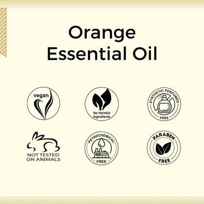 Aroma Treasures Orange Essential Oil bottle with orange slices, highlighting natural citrus scent and aromatic therapy benefits.