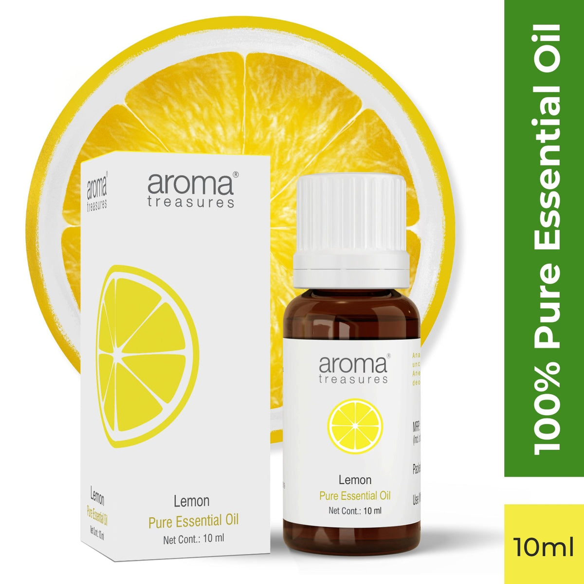 Aroma Treasures Lemon Pure Essential Oil bottle with lemon slices and fresh herbs on a wooden surface, highlighting natural aromatic ingredients.