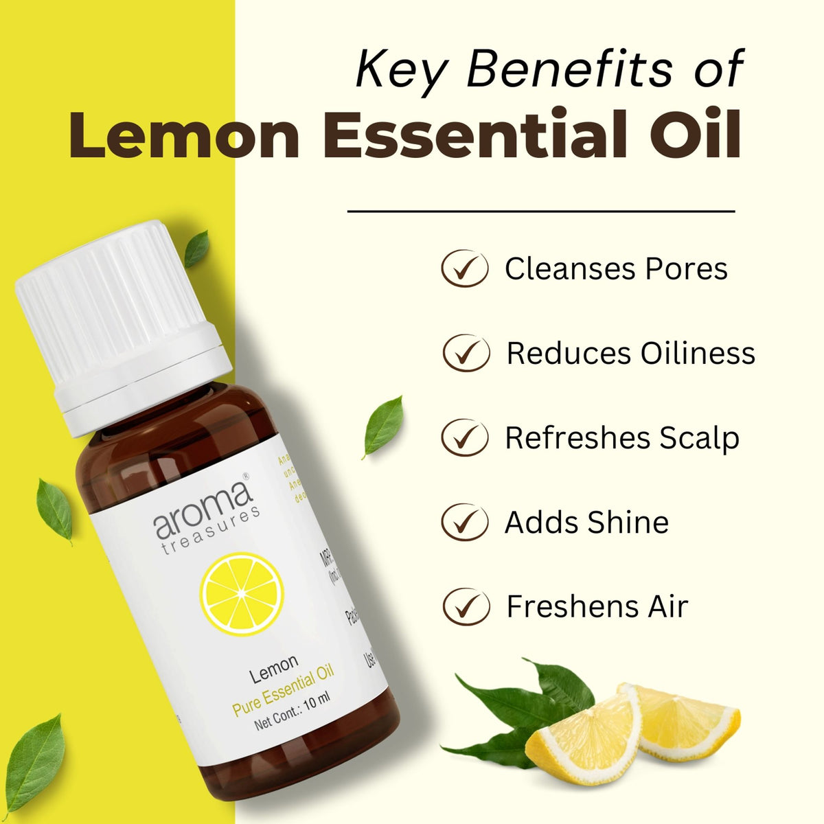 Aroma Treasures Lemon pure essential oil bottle with lemon slices on a wooden surface, highlighting natural citrus aroma.