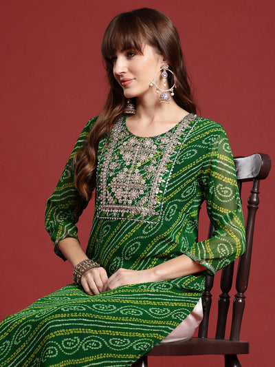 Indyancart IE Bandhani Printed Gotta Patti Georgette Kurta