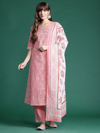 Dhiyona IE Ethnic Motifs Printed Angrakha Pure Cotton Kurta With Trousers & Dupatta