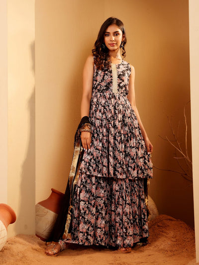 Indyancart VA Women'sFloral Printed Round Neck Empire Anarkali Kurta With Sharara And Dupatta