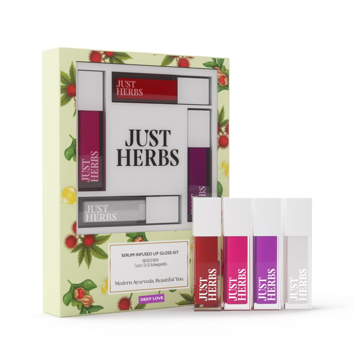 Just Herbs serum-infused lip gloss pack with four deep love shades, featuring shiny, moisturizing lip glosses in natural light.