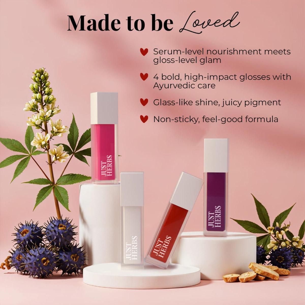 Just Herbs serum-infused lip gloss pack of 4 in Deep Love shade, featuring glossy, hydrating formula with natural herbal ingredients.