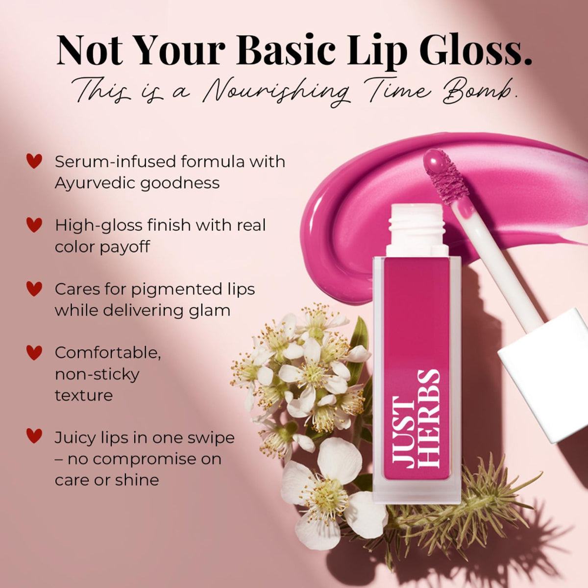 Just Herbs serum-infused lip gloss pack with four Deep Love shades, featuring glossy finish and hydrating formula.