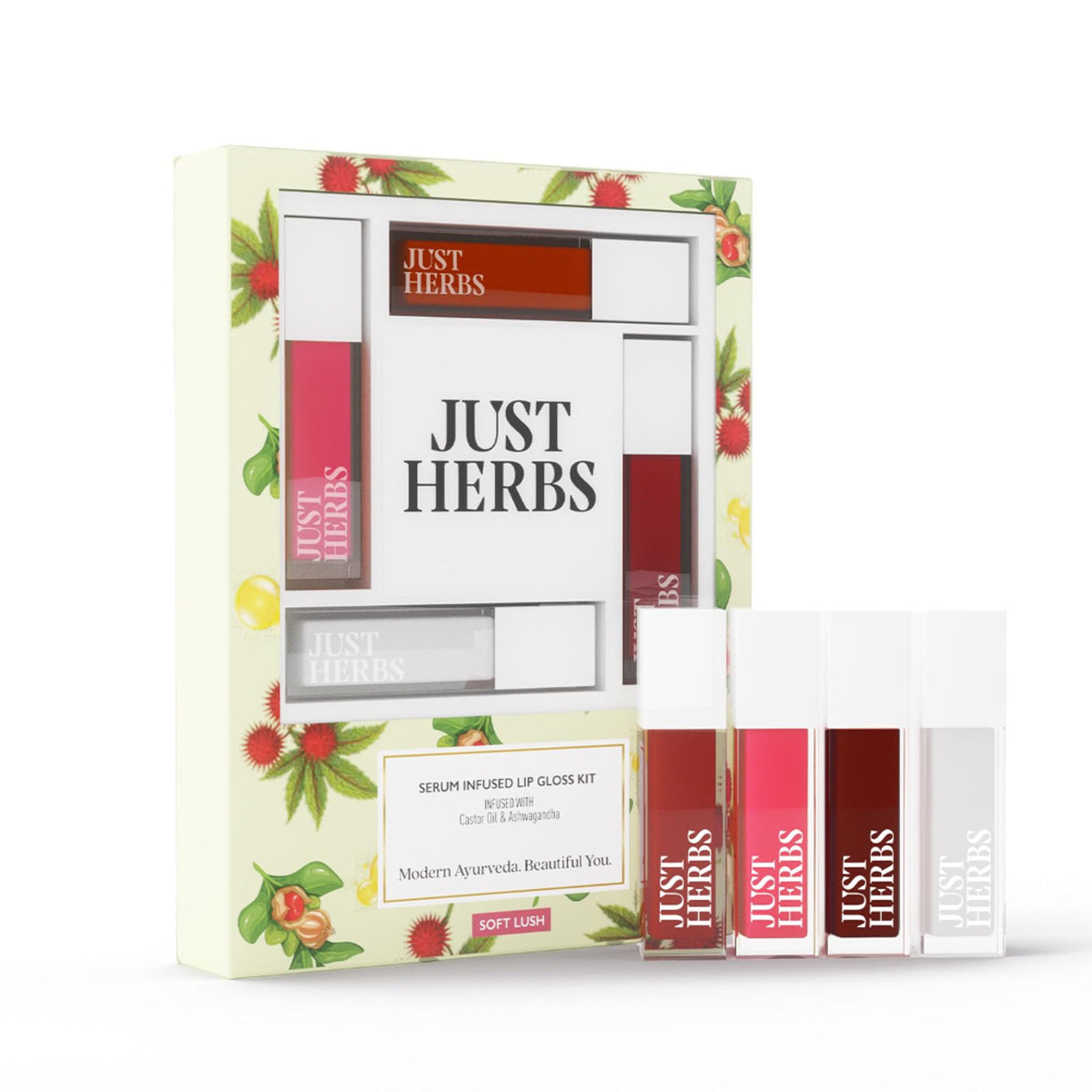 Just Herbs serum-infused lip gloss pack of 4 with soft, lush finish, featuring natural ingredients and a glossy, smooth appearance.