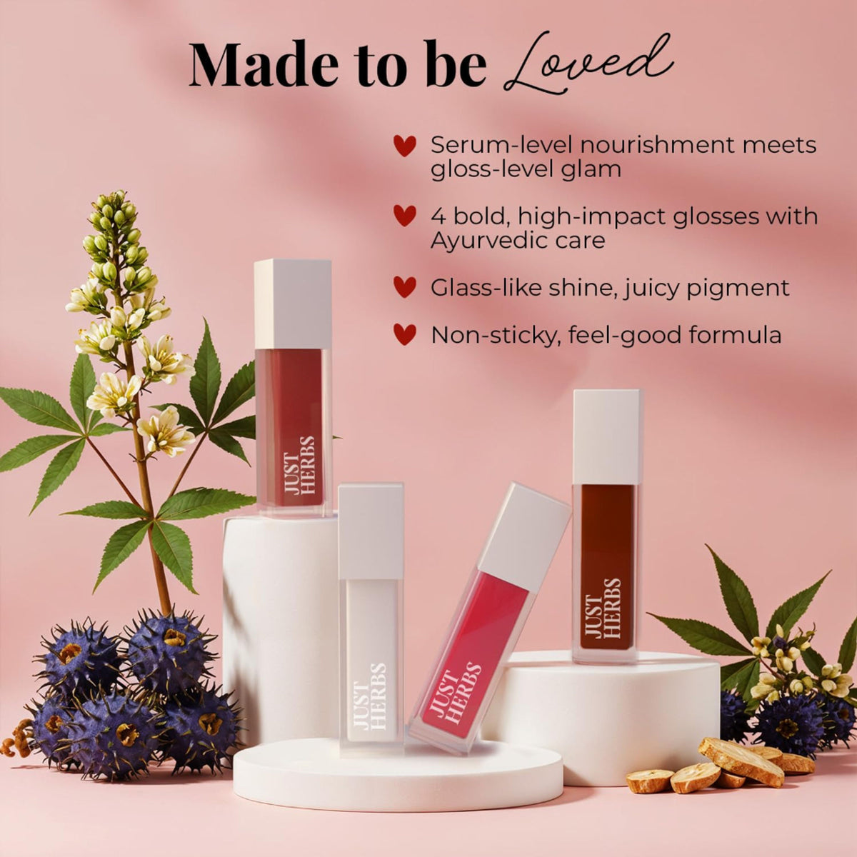 Just Herbs serum-infused lip gloss pack with four soft, lush lip glosses featuring natural herbal ingredients.