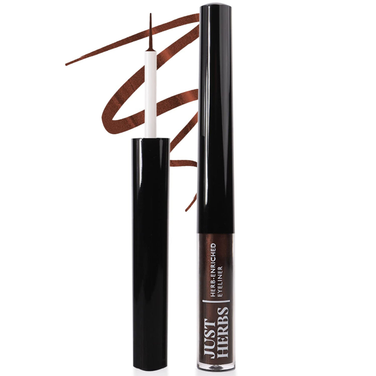 Just Herbs waterproof and smudge-proof Nutty Brown eyeliner pencil with a sleek black cap and smooth application tip.