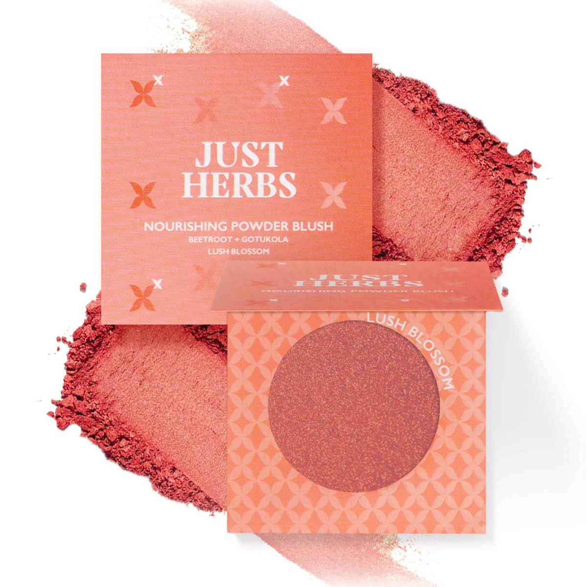 Just Herbs Nourishing Powder Blush in Velvet Rose shade, showing a smooth, blended blush with a soft, velvety finish on the skin