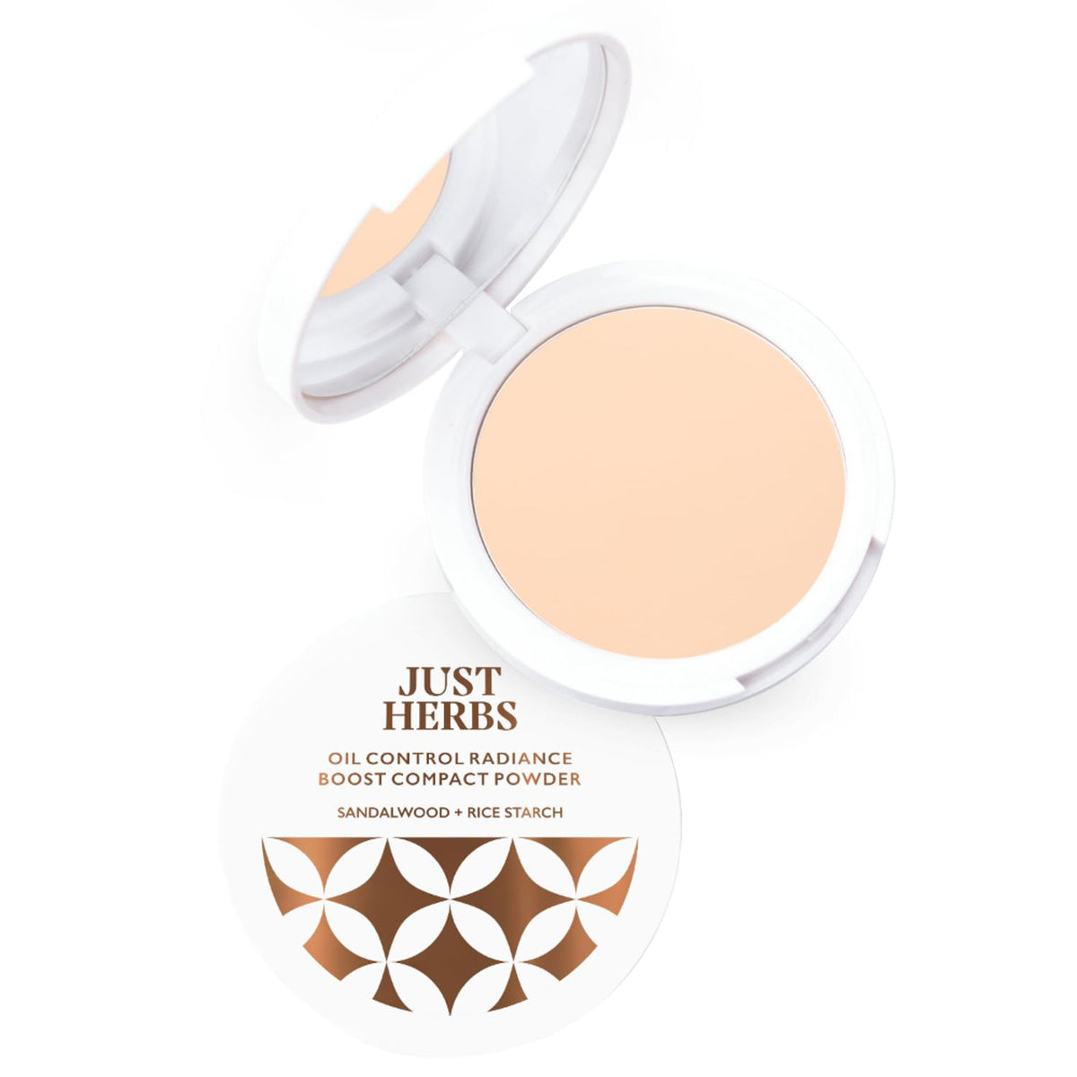 Just Herbs Oil Control Radiance Booster Age Defying Compact Powder in beige, compact with smooth, matte finish and natural beige shade.