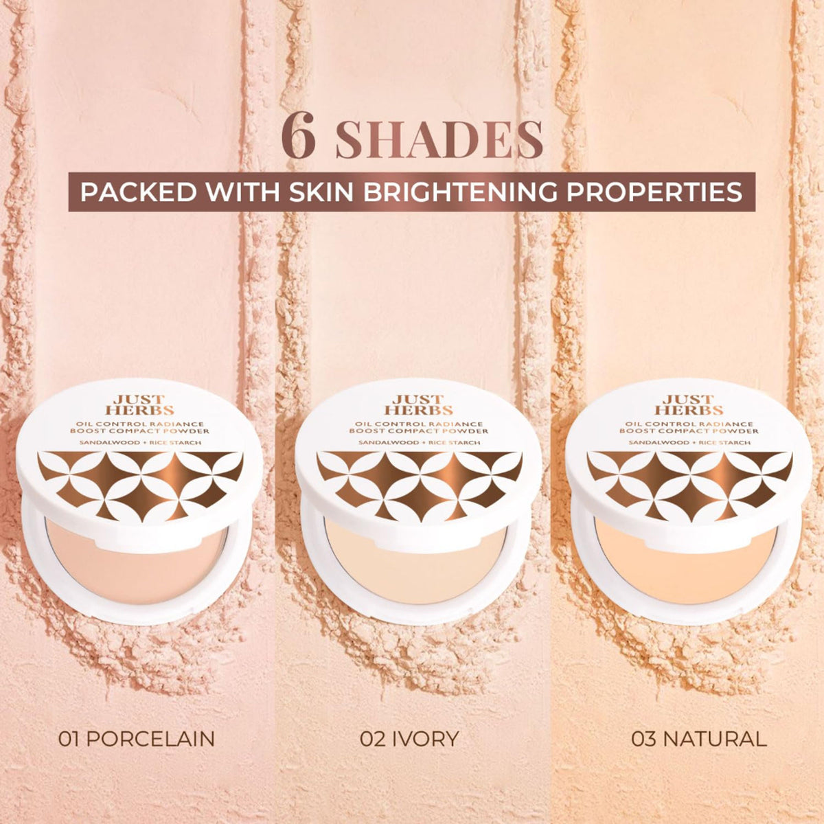 Just Herbs Oil Control Radiance Booster compact powder in beige, with smooth pressed surface and subtle brand logo detail.