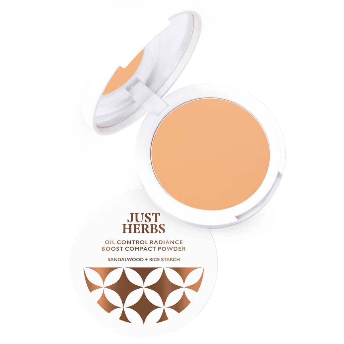 Just Herbs Oil Control Radiance Booster Coffee Compact Powder, smooth pressed powder with a natural finish for oil control and radiance.