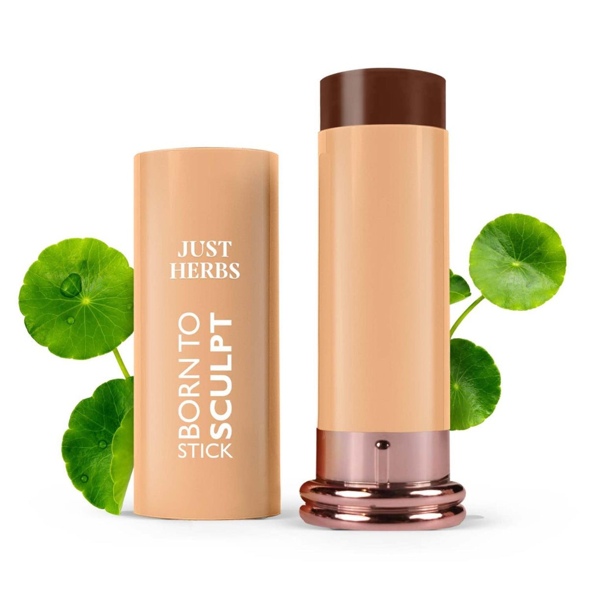 Just Herbs Born To Sculpt Mocha bronzer stick with Shea Butter, long-lasting matte finish, applied to the cheek area.