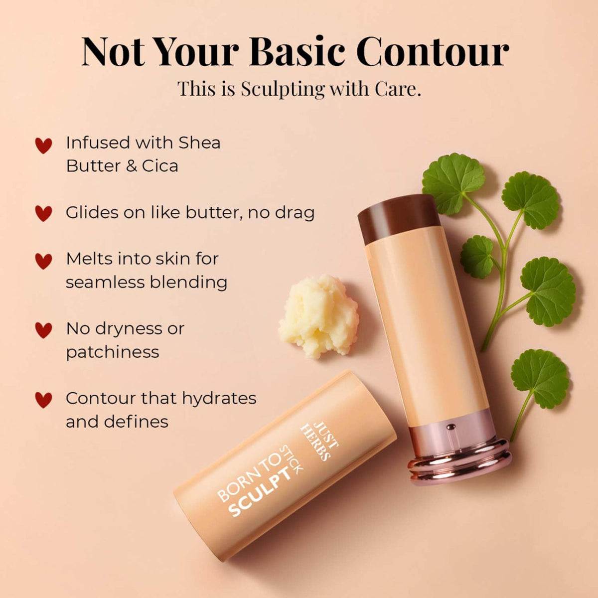 Just Herbs Born To Sculpt matte bronzer stick in Mocha with shea butter, showing the stick's textured surface and rich brown color.