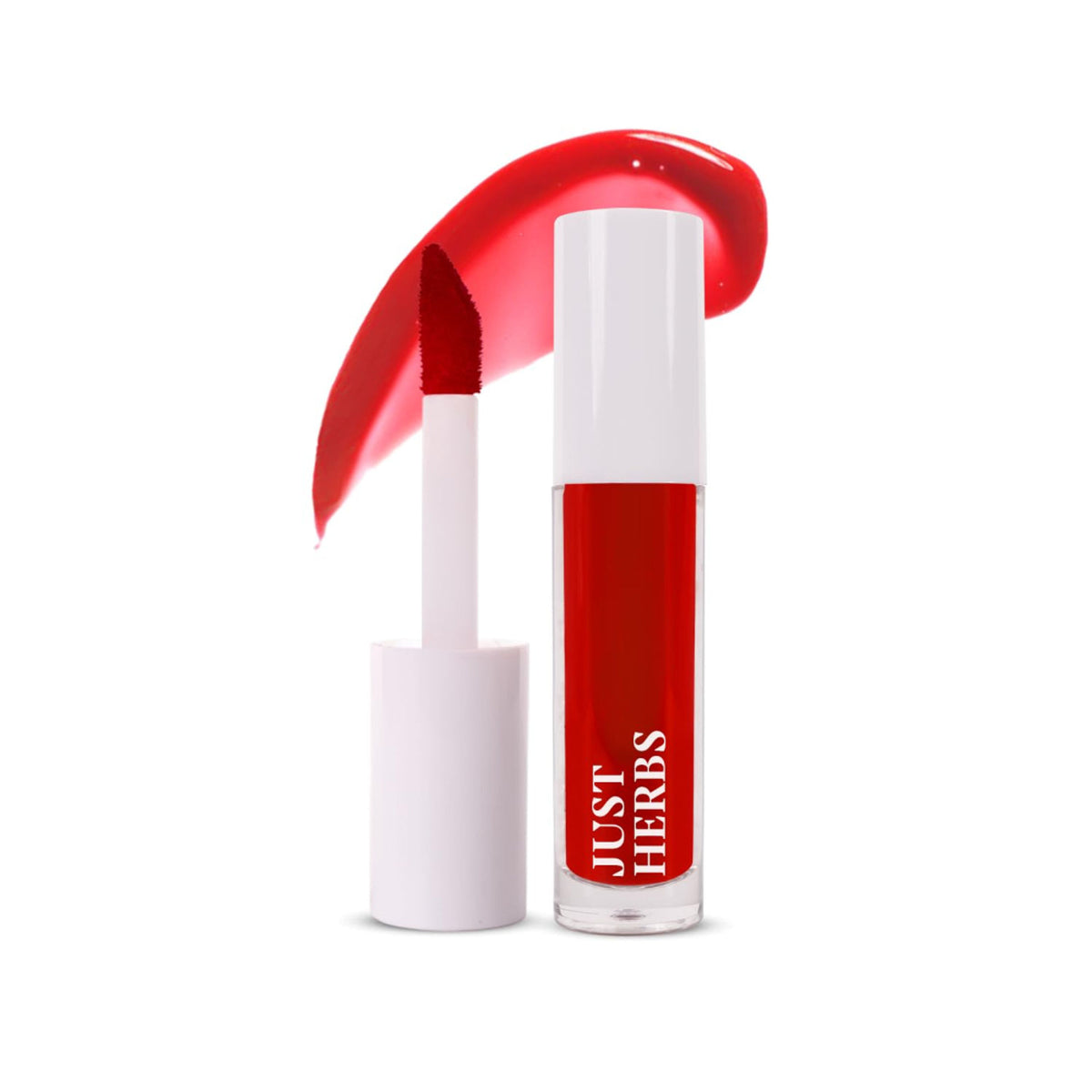Just Herbs Water Baby Lip and Cheek Tint in Peachy Please, showing the tinted balm with peachy hue on lips and cheeks.