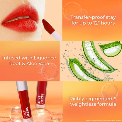Just Herbs Water Baby Lip & Cheek Tint in Peachy Please, showing the coral-pink tinted balm and packaging with natural ingredients