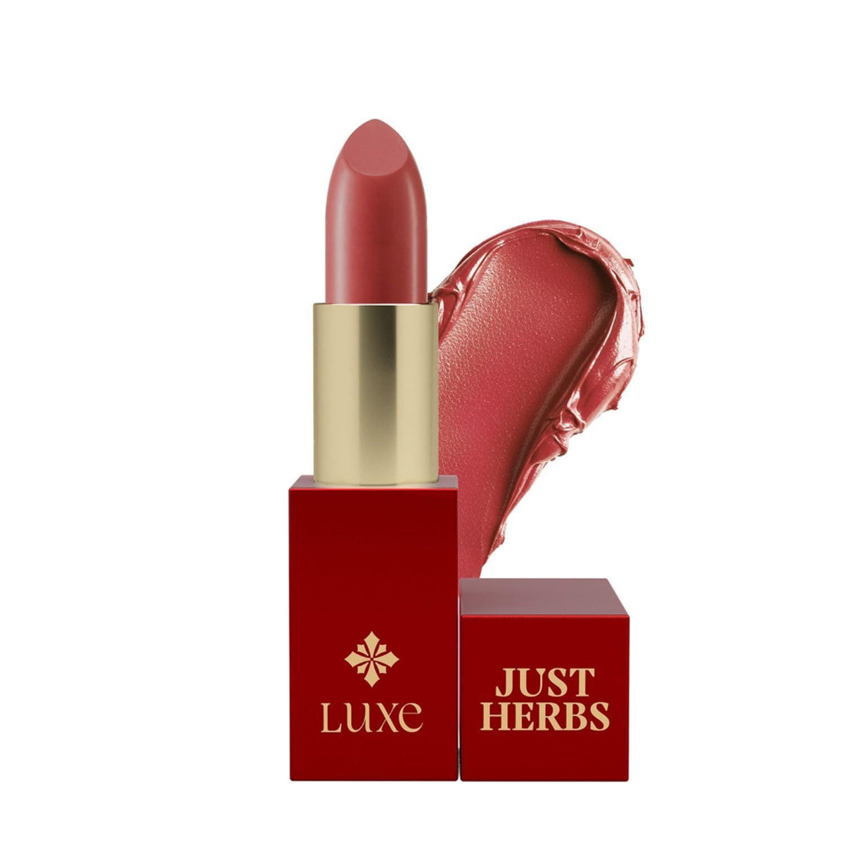 Just Herbs Luxe Satin Melt High Shine Lipstick in shade 01 Peach Serenade, creamy peach-colored lipstick with a high-shine finish.