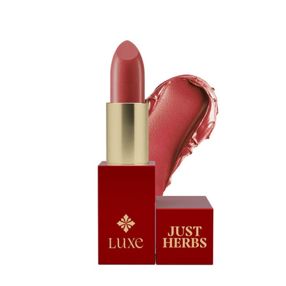 Just Herbs Luxe Satin Melt High Shine Lipstick in shade 01 Peach Serenade, creamy peach-colored lipstick with a high-shine finish.