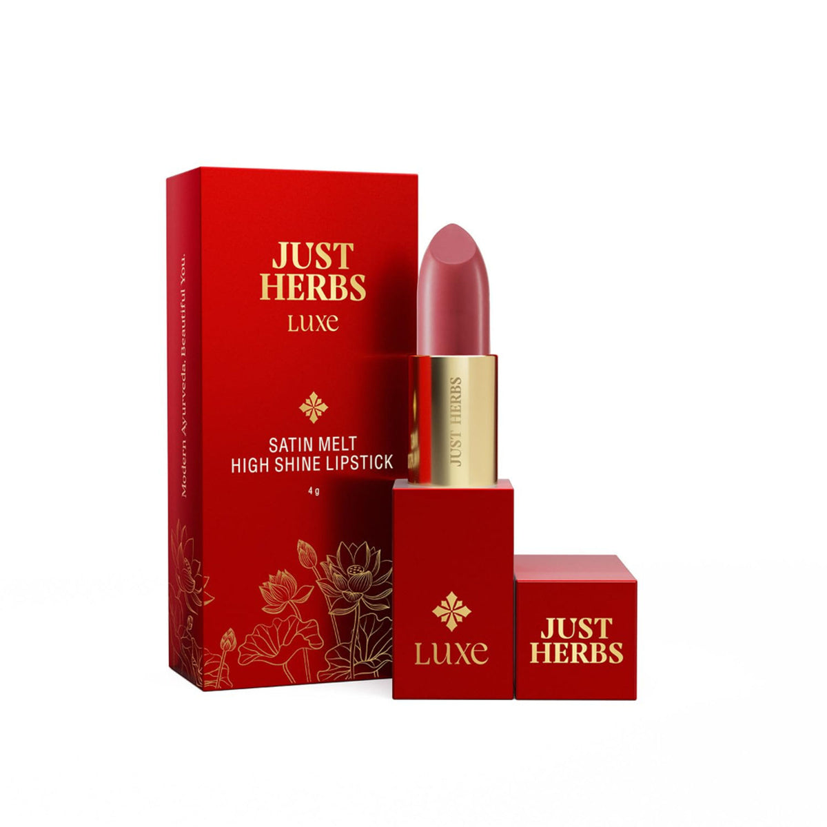 Just Herbs Luxe Satin Melt High Shine Lipstick in shade 01 Peach Serenade, showing a smooth, glossy peach-colored lipstick.